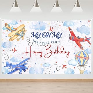 Airplane Birthday Banner Red and Blue How Time Flies Airplane Birthday Background Party Decorations Photo Booth Props