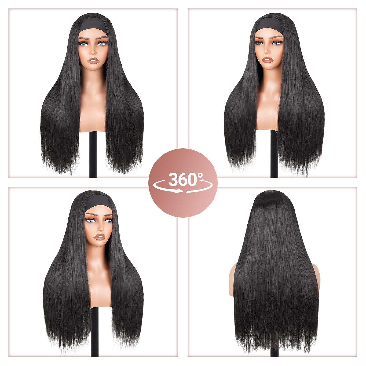 Straight Headband Wig Half Wig Wear and Go Glueless Wigs for Black Women 180% Density Natural Looking as Human Hair Synthetic Wigs for Daily Party Use (Natural, 26 Inch)