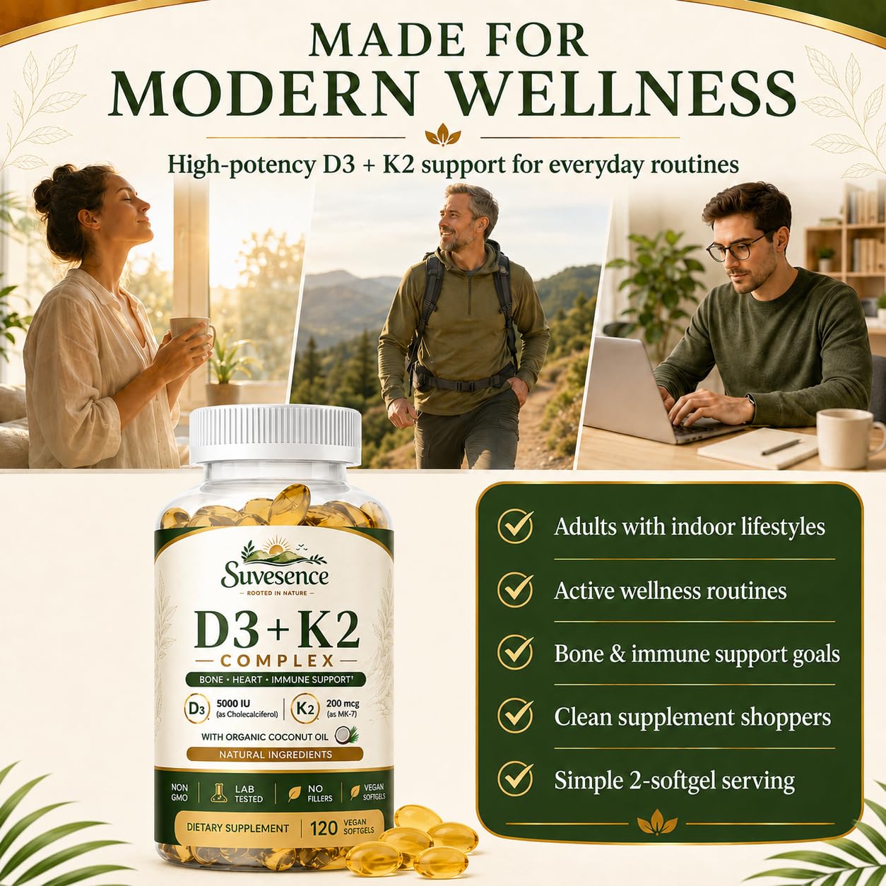 High Potency Vitamin D3 + K2 200 Natural Supplement, 120 Veggie Softgels — Amazon image 4