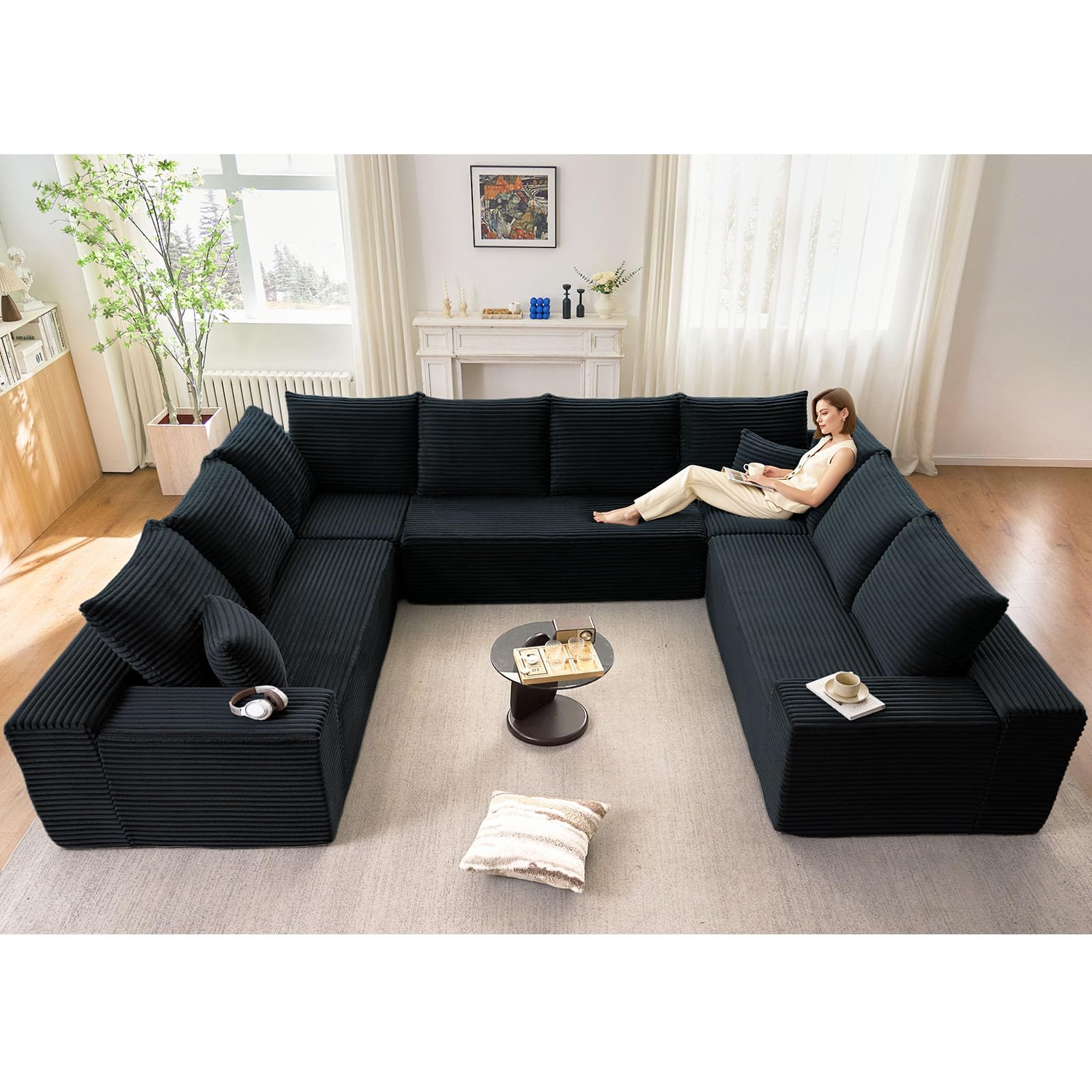 Oversized Modular Sectional Sofa Couch, Large 8 Seater Corner Sofa Modern U Shaped Sectional Couch Cloud Couches for Living Room, Office, Spacious Space, Corduroy, No Assembly Required, Black
