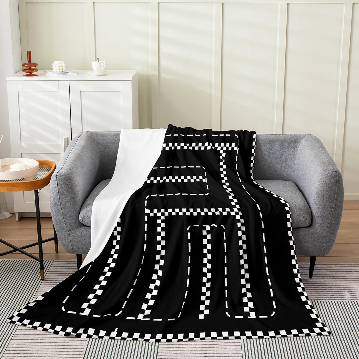 Racing Track Flannel Blanket Queen 90"x90" Warm Lightweight,Boys Race Car Themed Bed Sofa Blankets,Black and White Geometric Checkers Fuzzy Blanket,Kids Teens Sport Car Breathable Blanket
