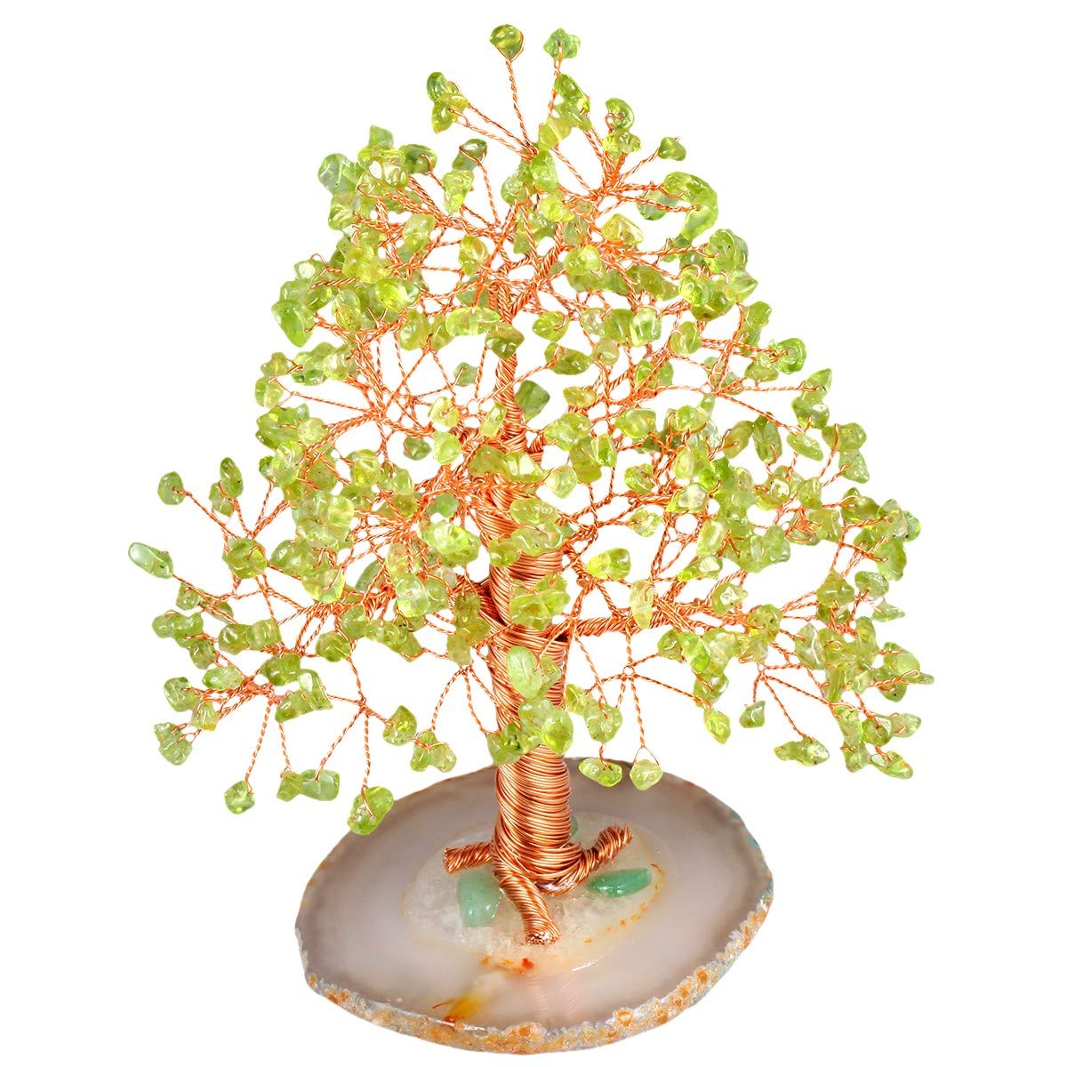 Rockcloud Natural Peridot Crystal Tree Stones Chips Money Tree with Agate Slice Base Home Decoration for Wealth and Luck, 5-6 inches