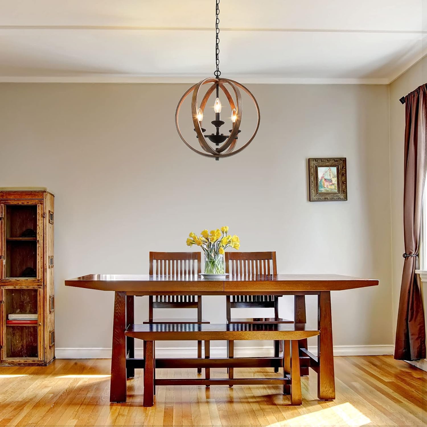 Best Cyber Deals 🔥 Log Barn Farmhouse Chandelier for Dining Room, Globe Chandelier for Foyer, Wood-Grain, 15.5” Dia