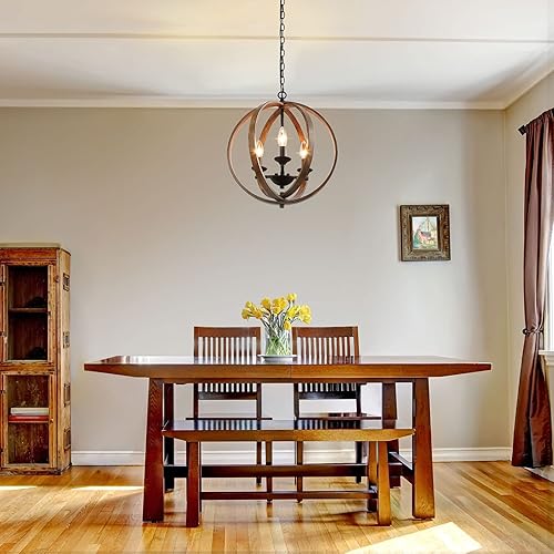 Miniatura 2 de LOG BARN Candelabros de granja, globo de madera falsa colgante de 3 luces para comedor y sala de estar, dormitorio, vestíbulo y entrada