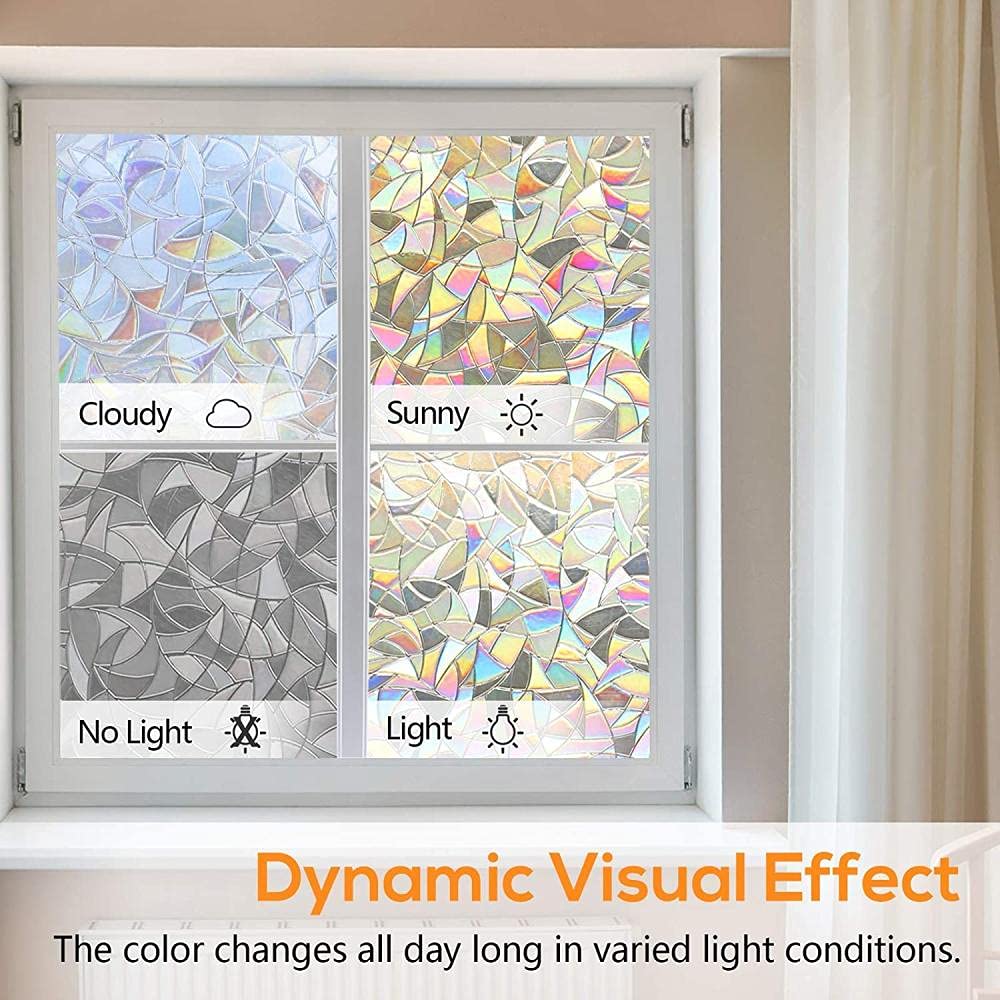 Raamfolie 3D Regenboogeffect Glasfolie Gebrandschilderd Glas Vinyl Zelfklevende Film Statische Privacy Klampt Zich Vast Uv-Beschermende Raamsticker Voor Thuis-Photo Color 45X200 Cm