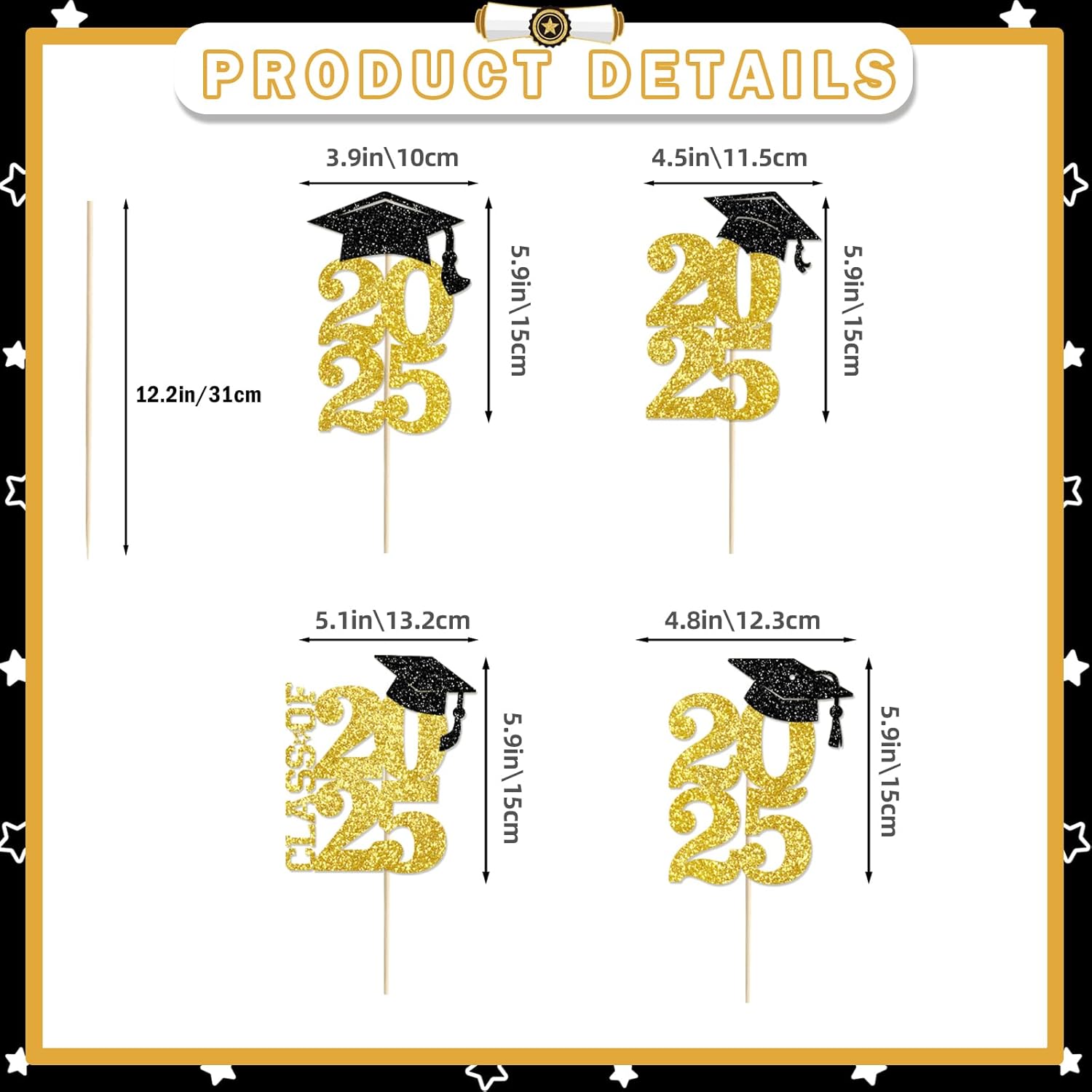 Grad Lightb Centerpieces 27Pcs Graduation Centerpieces for Tables 2025 Graduation Centerpiece Sticks Class of 2025 Centerpiece Sticks for Graduation (black gold)