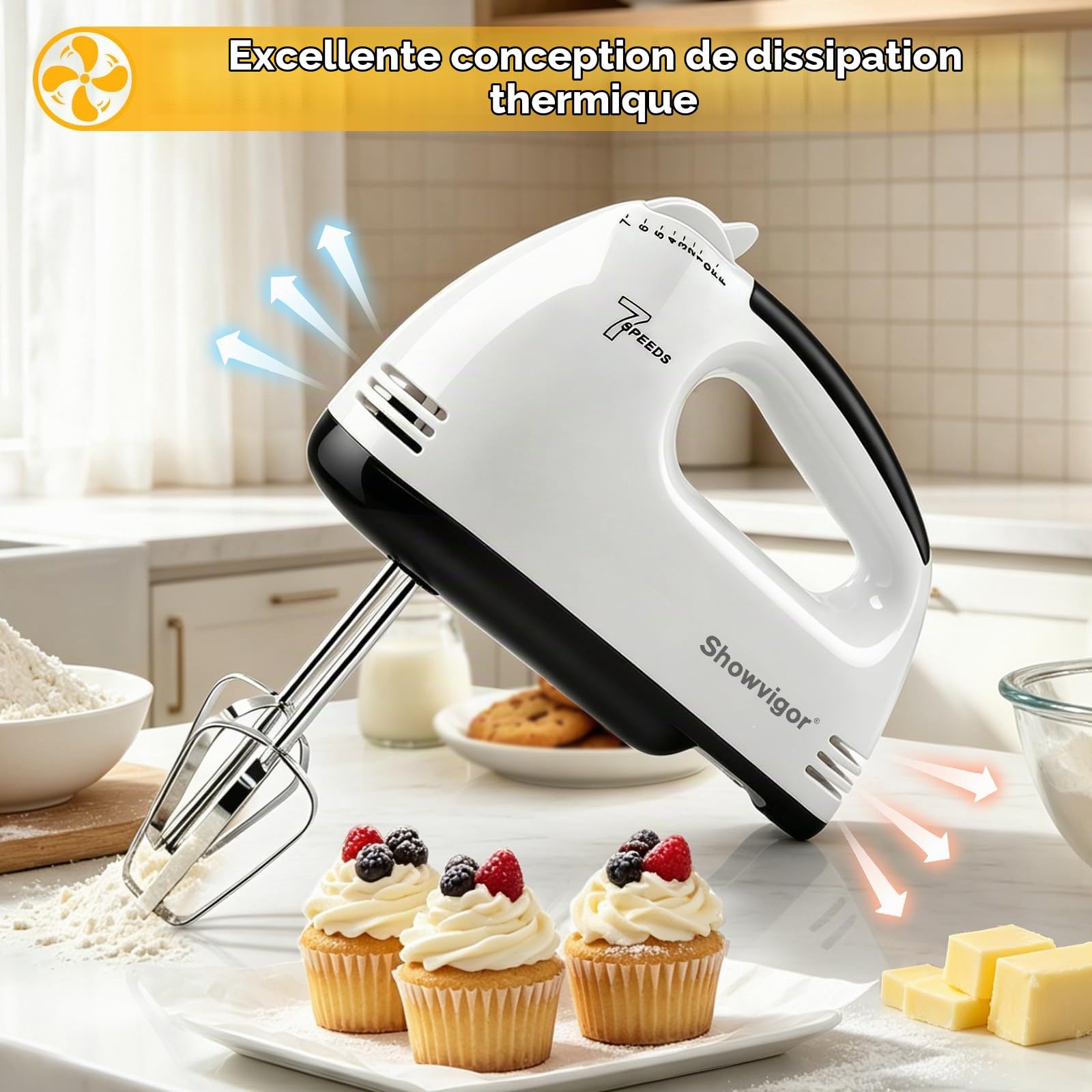 Batteur Electrique Cuisine 300W, 7 Vitesses Réglables | Fouet Electrique Portable avec 1 Fouet 2 Batteurs et 2 Crochets en Acier Inoxydable, Idéal pour Gâteaux Confitures et Crème