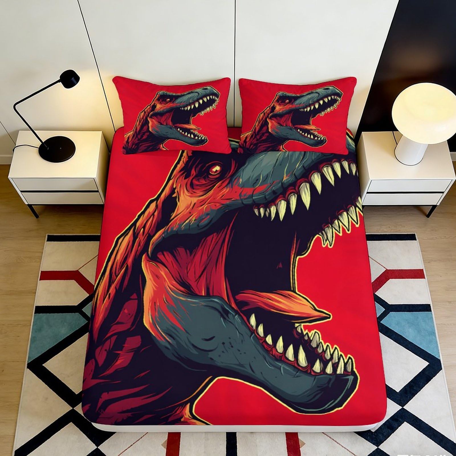 3D Printed Red Dinosaur Fitted Sheet Microfiber Vibrant T Rex Bed Cover for Bedroom Dorm Mattress Decor 90x200x25cm