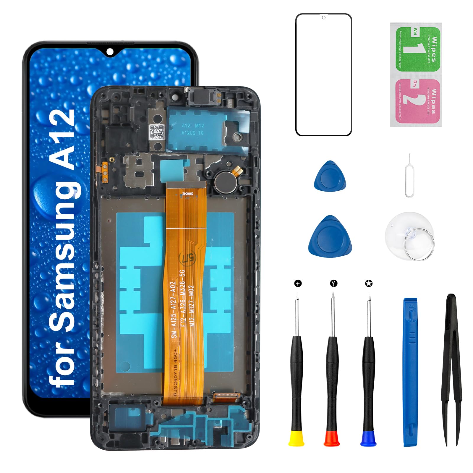for Samsung Galaxy A12 Screen Replacement with Earpiece Speaker Side Volume Button Vibration Motor Module with Frame A125 A127 LCD Touch Display