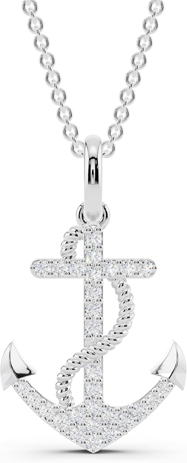 Moissanite Rudder Rope Dainty Anchor Pendant Nautical Necklace for Women 14k Gold Plated 925 Sterling Silver (Color D, VVS1)