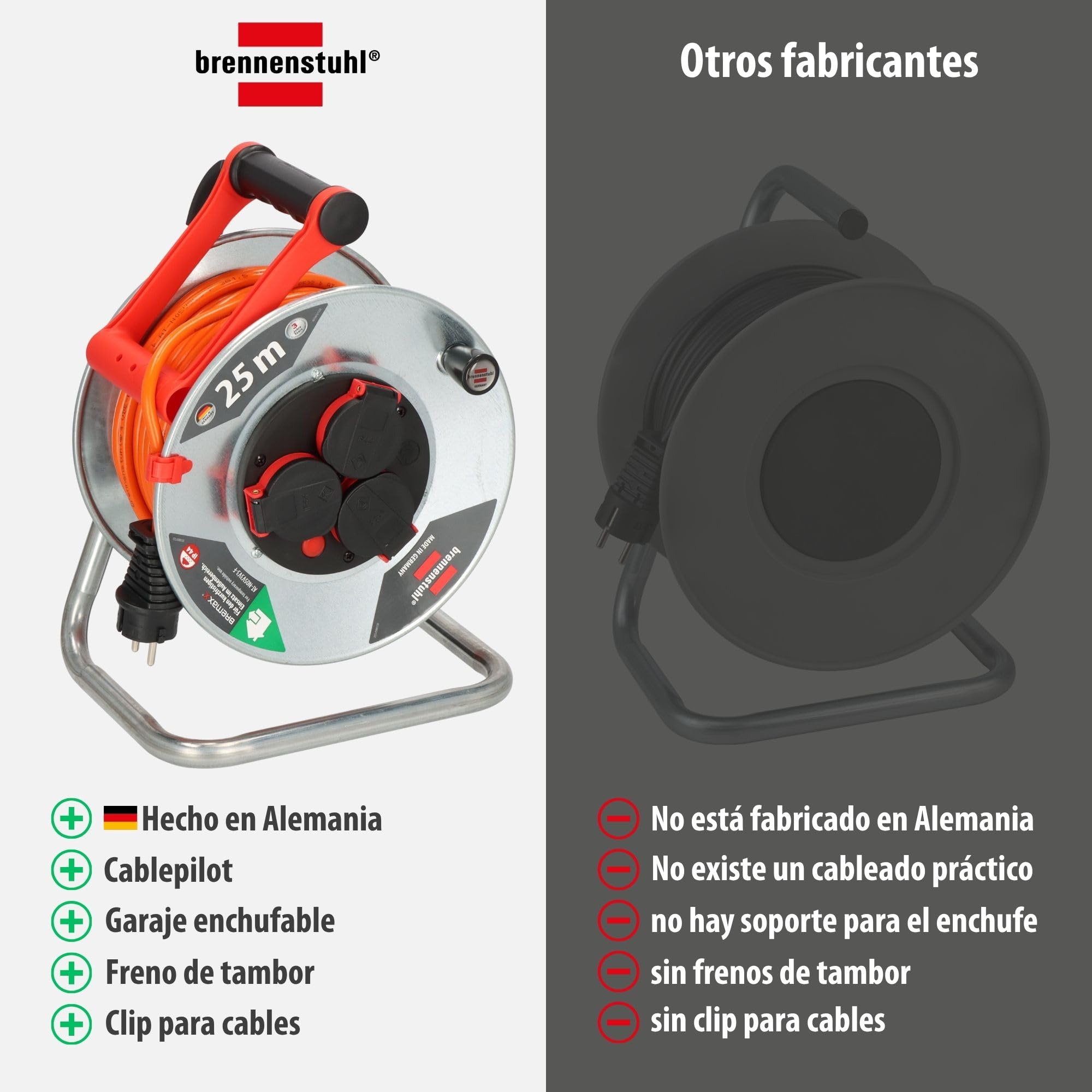 Brennenstuhl Garant V2 IP44 Enrollacables 40m exterior (Fabricado en Alemania, 3 tomas con conexión a tierra, protección contra sobrecalentamiento, uso a corto plazo en el exterior)