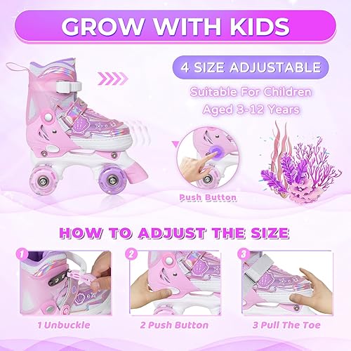 Miniatura 3 de MammyGol Patines para niñas y niños, 4 tamaños ajustables, para interiores y exteriores, de 3 a 8 años, rosa, azul, morado, verde