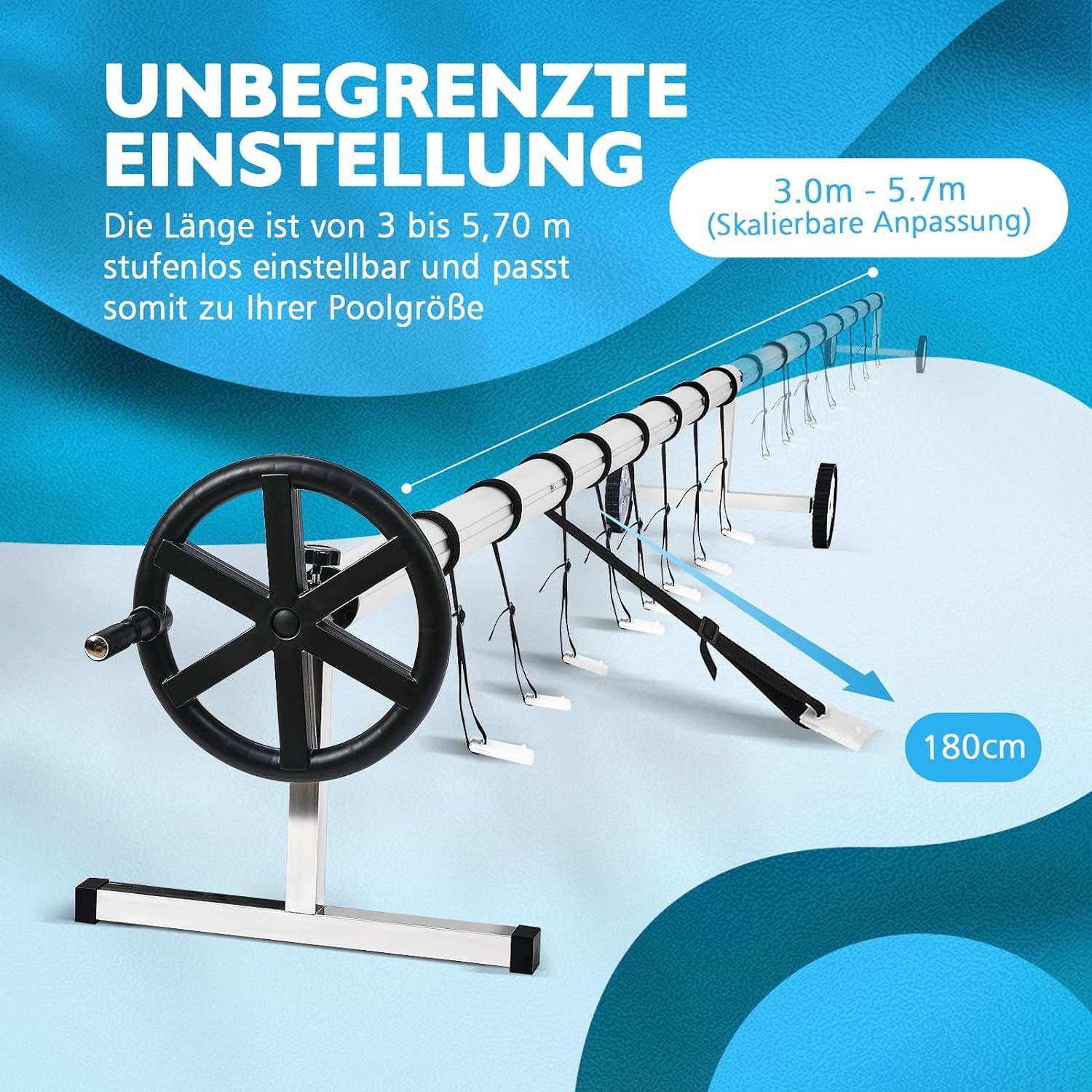 Sistema di avvolgimento, avvolgitore per piscina con nastri, resistente alle intemperie, avvolgitore per pellicole solari e teloni di copertura (3,0 – 5,7 m)