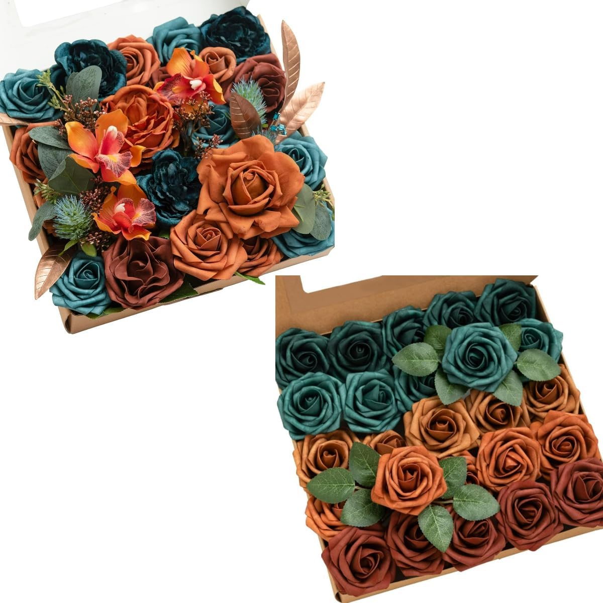 Ling's Moment Artificial Flowers Teal & Burnt Orange Ombre Color 1970s