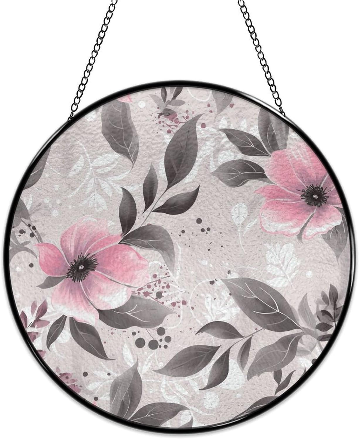 Pink Flowers on Gray Stained Glass Suncatcher Decor