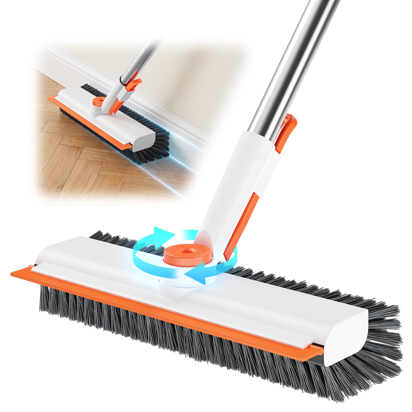 Floor Scrub Brush with Long Handle, 3 in 1 Deck Brush with Squeegee