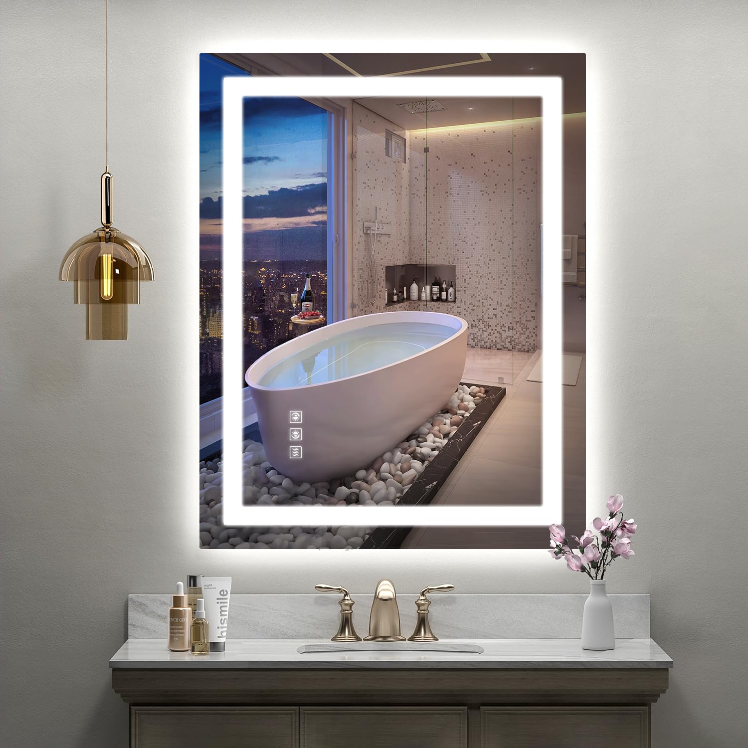 Photo 1 of SHUAFA LED Mirror for Bathroom, 55x40 Inch Backlit + Front Lighted Bathroom Vanity Mirror with Lights for Wall, Double Light Strips, 3 Colors, Shatter-Proof, Anti-Fog and Brightness Memory