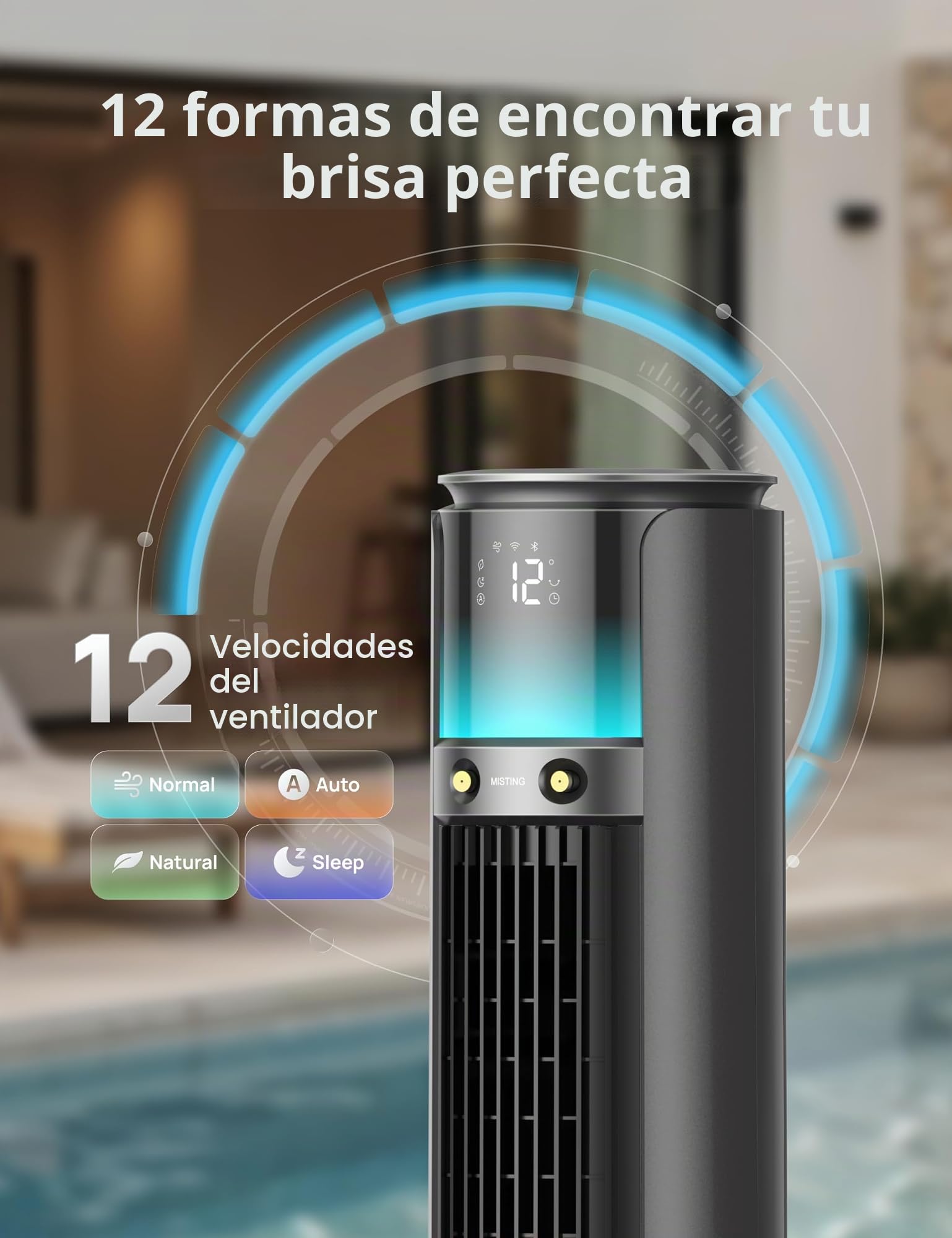 Ventilador de niebla exterior DREO TurboCool 711AS, potencia 10 m/s, 12 niveles, 4 modos, ventilador de pie inteligente, oscilación de 150°, silenciador de 20 dB, motor de CC, resistente a la