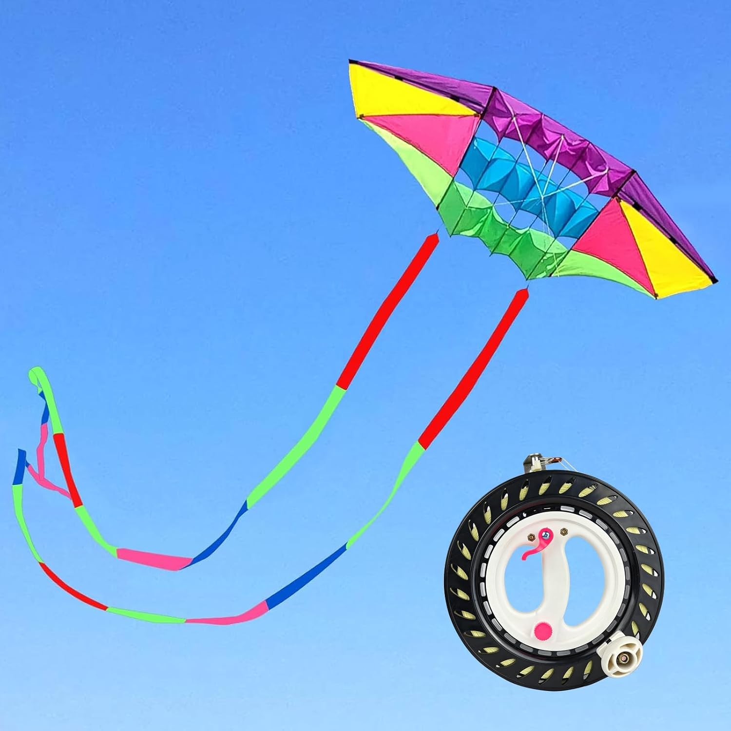 98in Beach Kites for Adults Large with Long Tail& 9in Kite String Reel Winder for Adults with Brake and 1640ft String