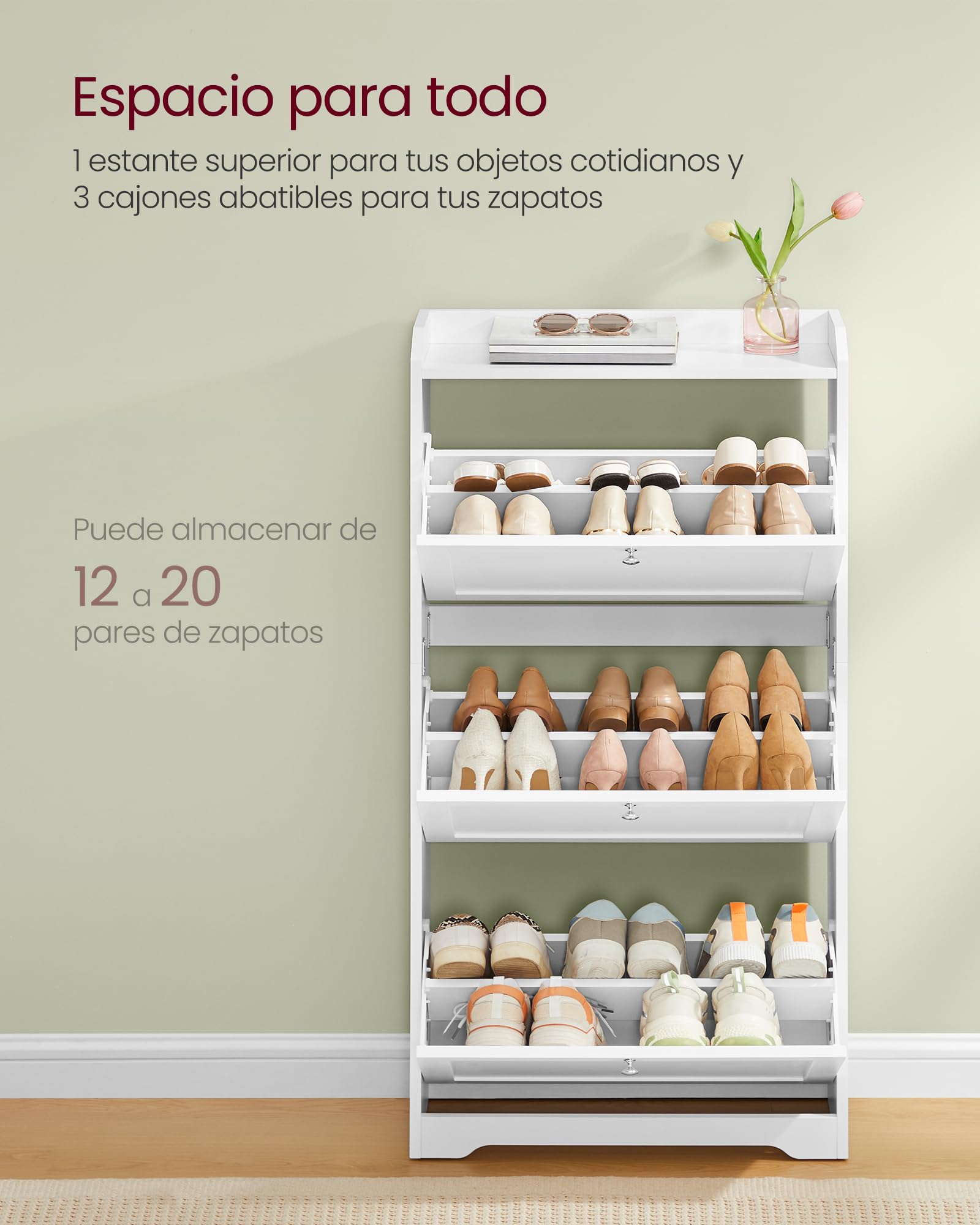 VASAGLE Armario Zapatero con 3 Solapas, Zapatero, Zapatero, Estante Superior, Divisor Ajustable, para hasta 12-20 Pares de Zapatos, Pasillo, 24 x 60 x 121,2 cm, Color Blanco Nube LBC036WB01