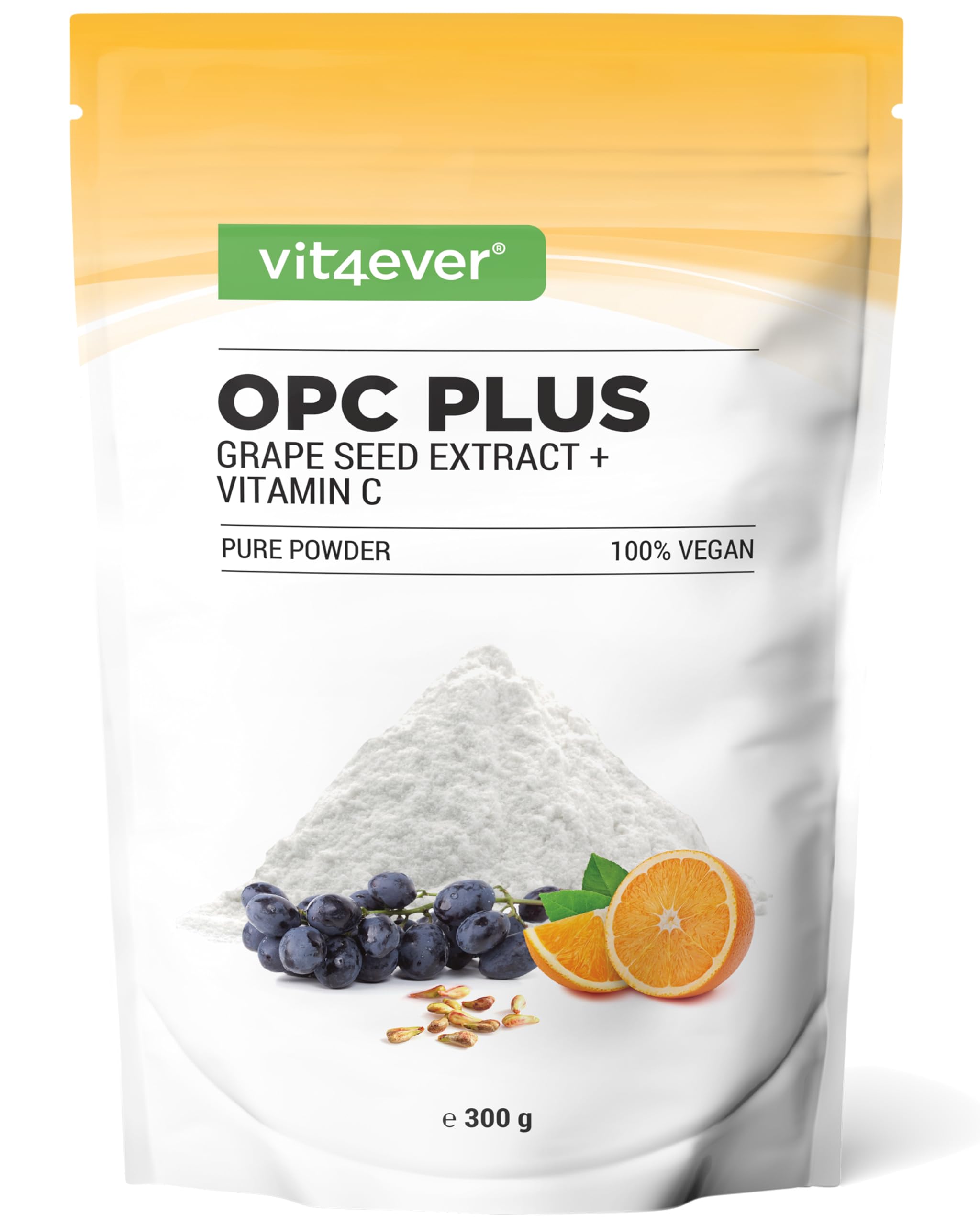 Extrait de pépins de raisin OPC + vitamine C - 300g de poudre - Pure OPC de raisins européens - Teneur en OPC de 70% selon la méthode HPLC (95% selon Bate-Smith) - Avec vitamine C naturelle - Vegan