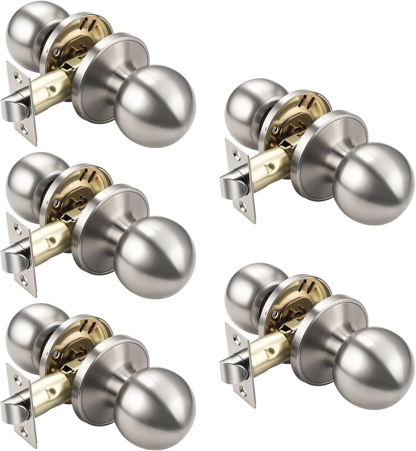 KNOBWELL Brushed Nickel Interior Door Knob, Closet Door Knobs with Round Ball Knob for Passage, Hallway Doors, Keyless Non-Locking Indoor Door Knob, 5 Pack