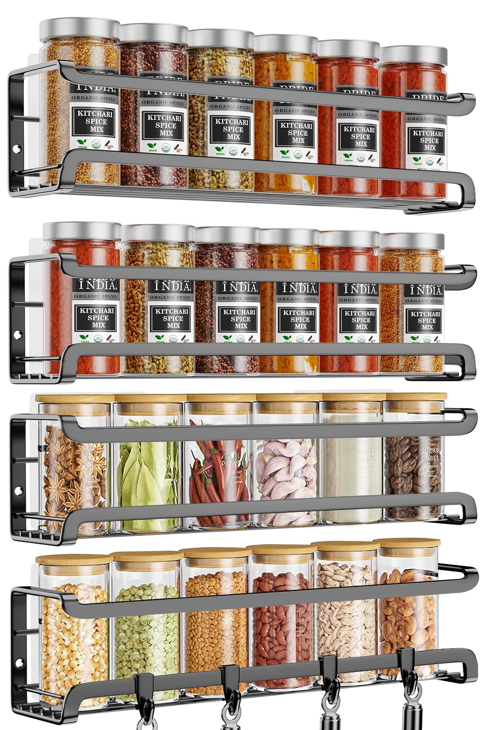 TRAYINDALY Spice Rack Wall Mounted 4 Pack, Space-Saving Spice Organiser for Spice Jars And Seasonings, Adhesive Hanging Spice Racks Organizers For Inside Cupboard, Kitchen Door Storage Shelf