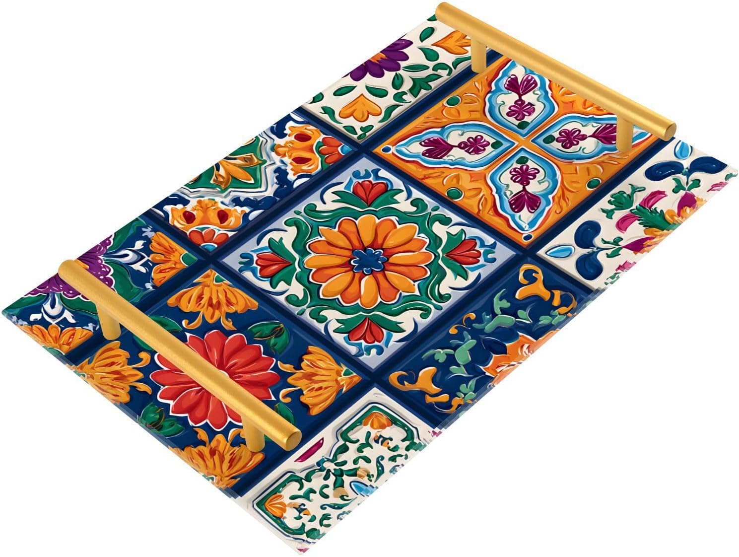 Mexican Talavera Acrylic Vanity Tray with Handles Non-Slip Decorative Bathroom Tray Jewelry Perfume Makeup Organizer for Dresser Kitchen Counter, 7.87 x 11.81 in