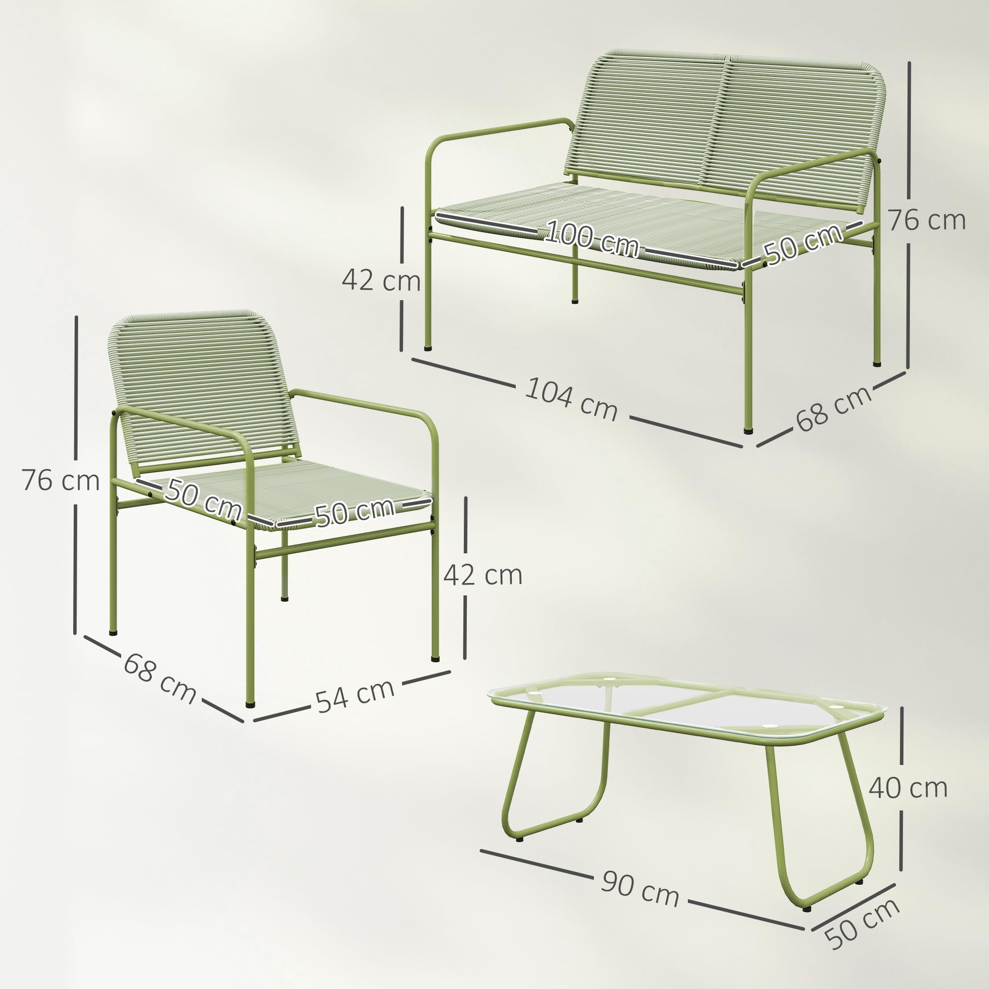 Outsunny Set Mobili Giardino Rattan 4 Pezzi Salotto Esterno Divanetto 2 Posti Poltrone Tavolino Caffè Vetro Verde