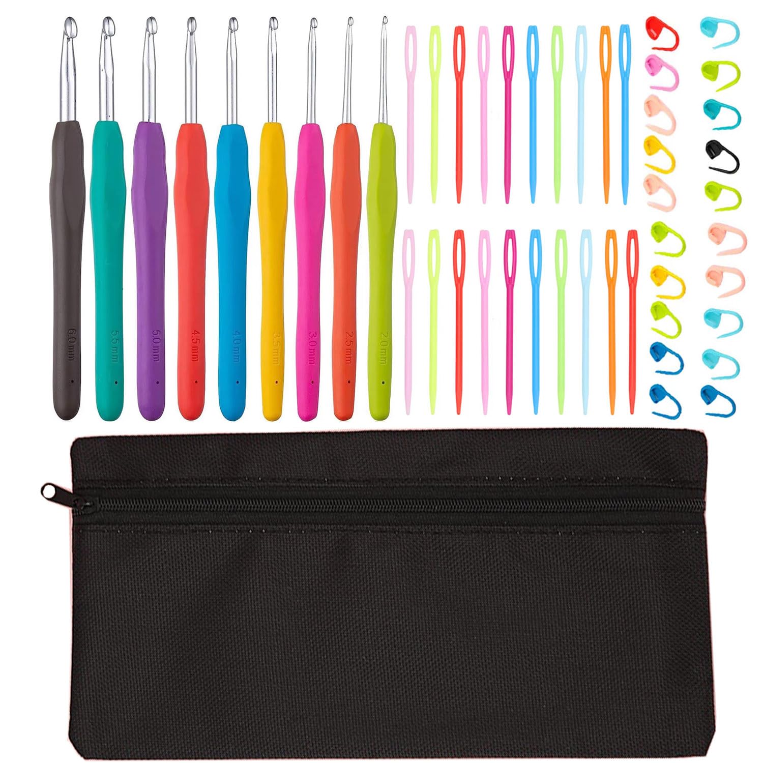 Philopack Silver Hook+Black Bag 50Pcs Crochet Hook Kit Ergonomic Soft Grip 9 Size Knitting Needles (2Mm-6Mm) With Stitch Markers Crochet Tool Perfect For Arthritic Hands Beginners