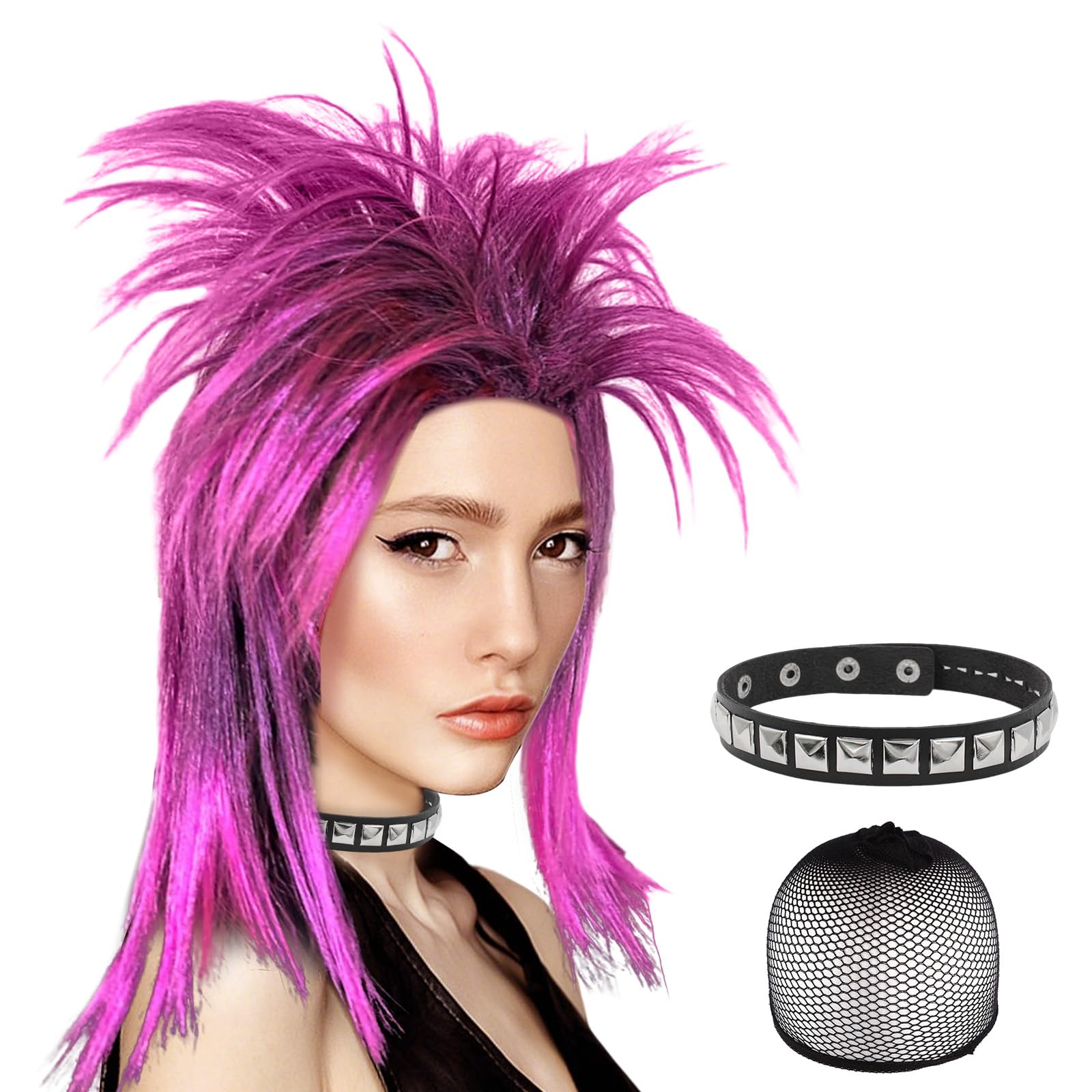Funnaura Pink Funny Wigs for Women Men 80s Fancy Dress Wig Set for Party, Pink Purple
