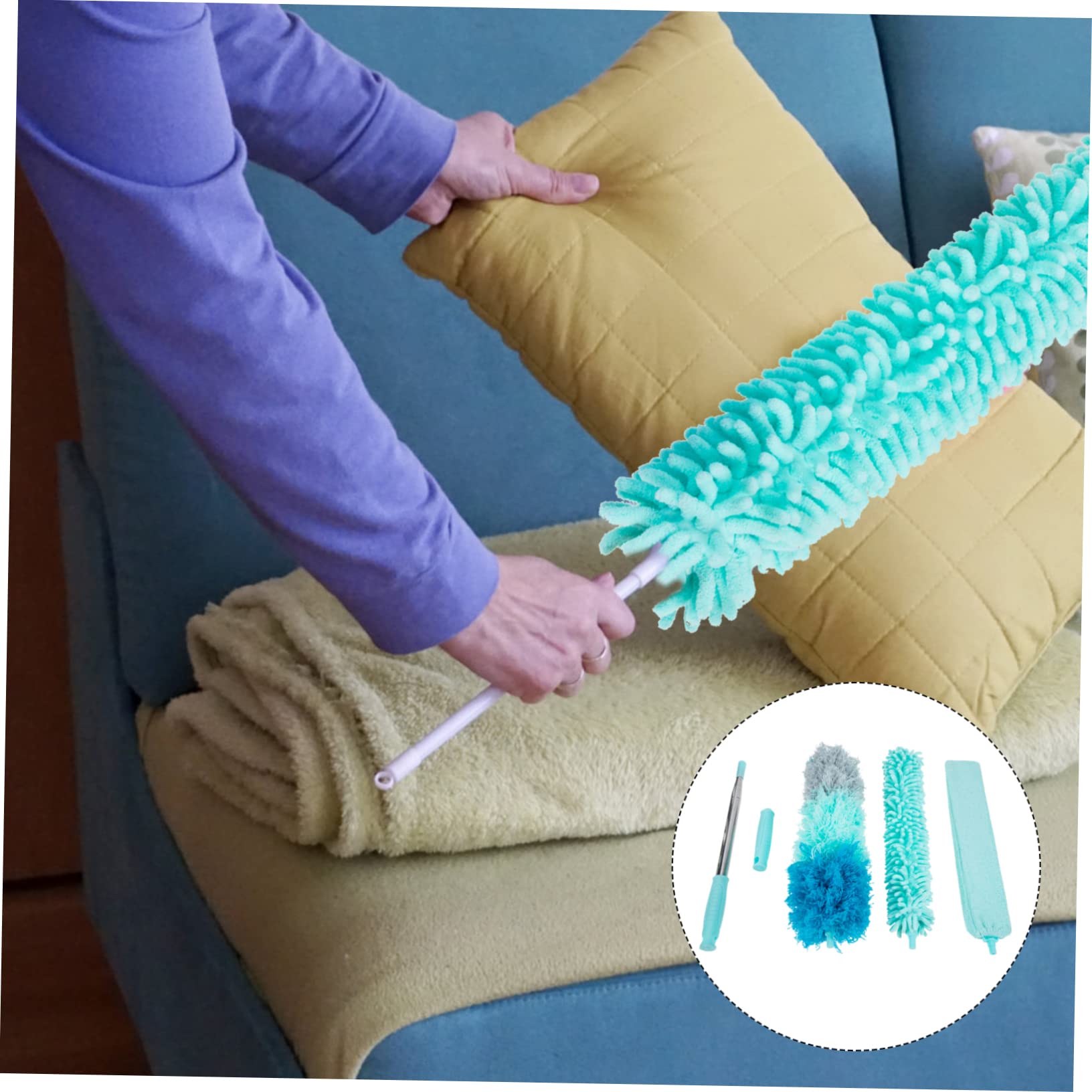 Plumero Telescópico Extensible Para Limpieza Doméstica Cepillo Anti-polvo Multiuso Para Techos Muebles y Rincones Difícil Acceso Con Cabezal Chenilla y Ergonómico Color Azul