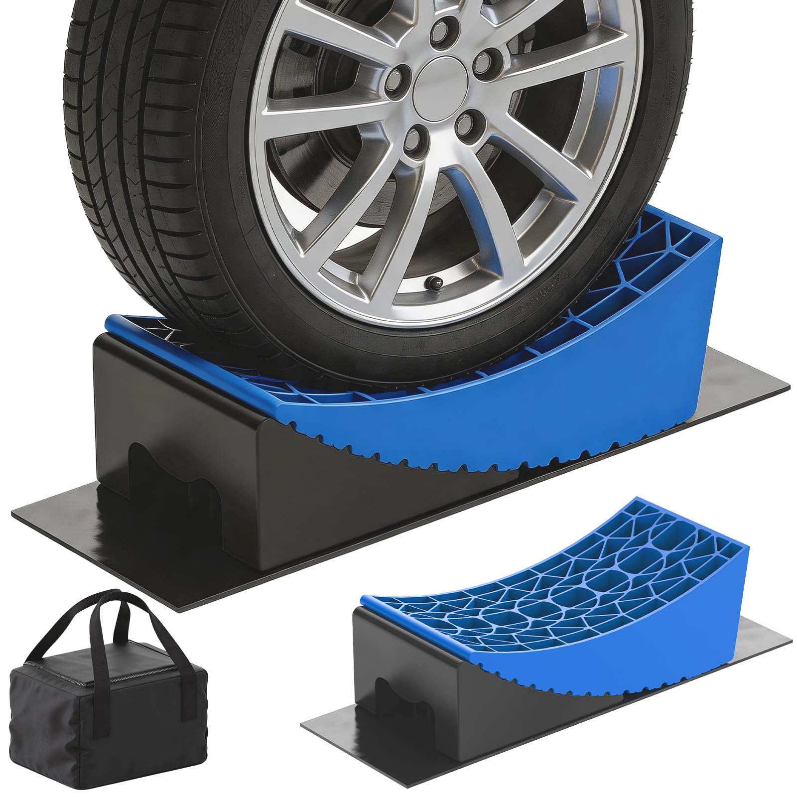 Sooontrans Cale Camping Car 32×15.2×11 CM, Cales pour Camping-car en HDPE Charge Maximale de 15 T, Cale Van Aménagé avec Tapis Anti-dérapant & Sac de Rangement, pour Caravane, Double Essieu, Bleu