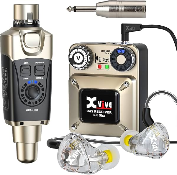 Xvive U45T9 Sistema de Monitoreo Inalámbrico de Oído 5.8GHz con Audífonos IEM de 2 Controladores T9, Transmisor IEM y Receptor de Cinturón para Estudio, Ensayo de Banda, Presentaciones en Vivo, Modo de Escaneo de Canales