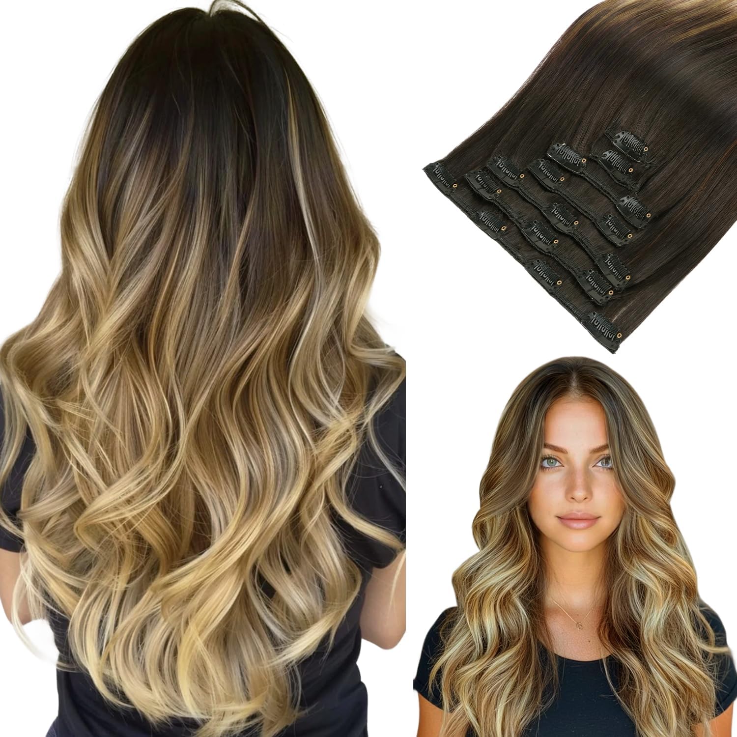 Clip in Hair Extensions, hotbanana Balayage Ombre Brown to Dirty Blonde Clip in Hair Extension Real Human Hair Straight Remy Hair Clips in Hair Extensions 14 inch 120g 7pcs