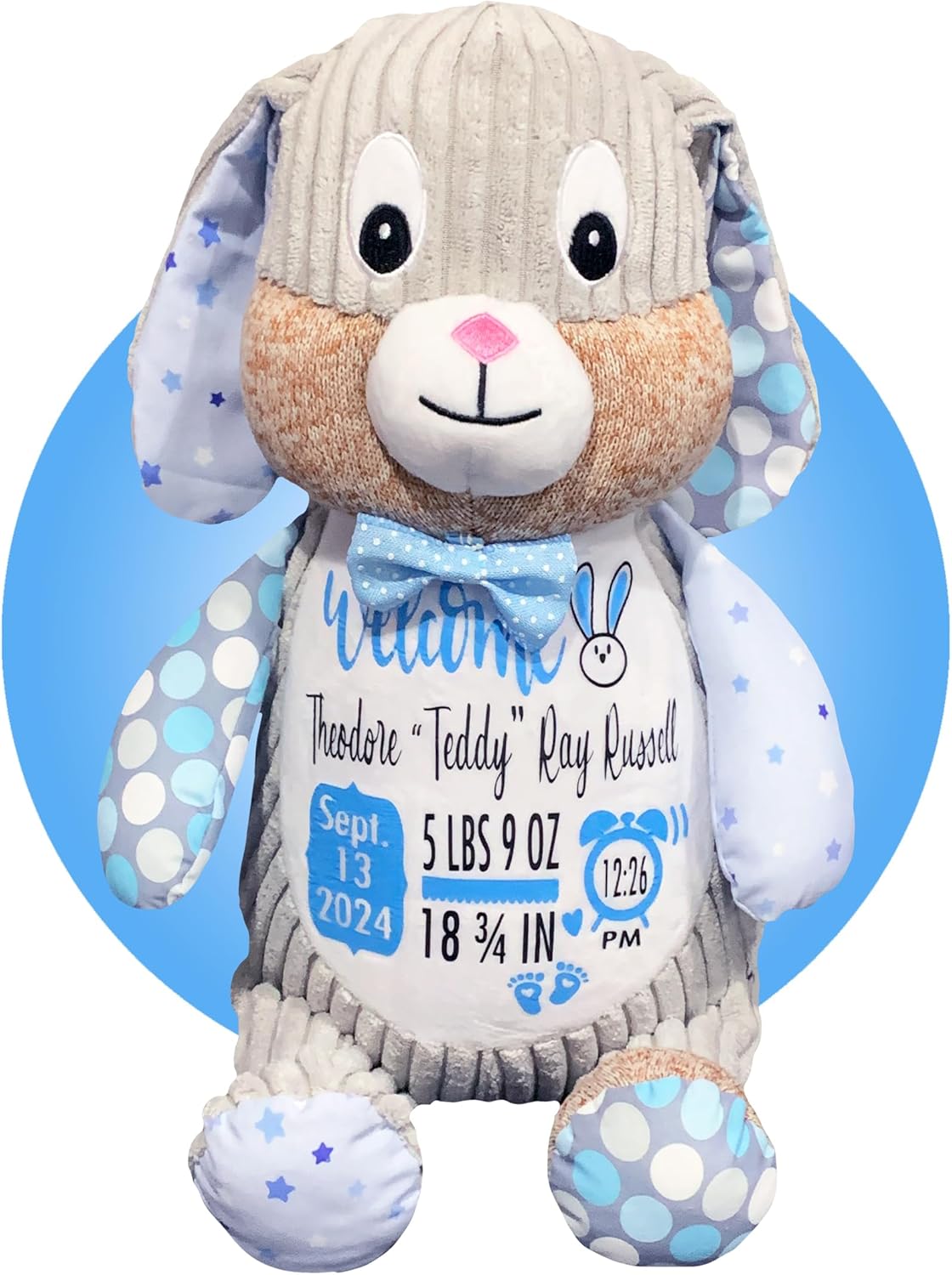 Baby Birth Stats Plush - Birth Announcement Stuffed Animals - Personalized Baby Keepsake Birth Information Plush - Great 1st Stuffed Animal - Removable Cover