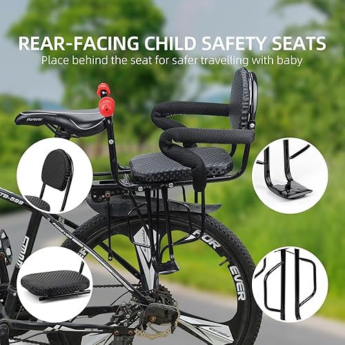 Miniatura 8 de Asiento trasero de bicicleta para niños con respaldo grueso, asiento trasero de bicicleta para niños de 2 a 8 años, talla única (negro, a)