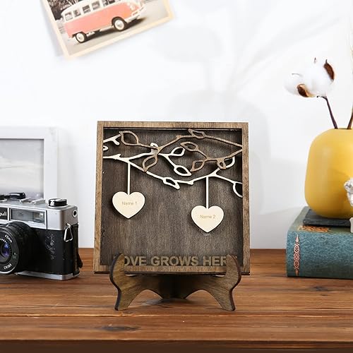 Vista 189 de Árbol genealógico con etiqueta de corazón, placas de madera grabadas personalizadas, regalos personalizados para madres, padres, escritorio, nombres