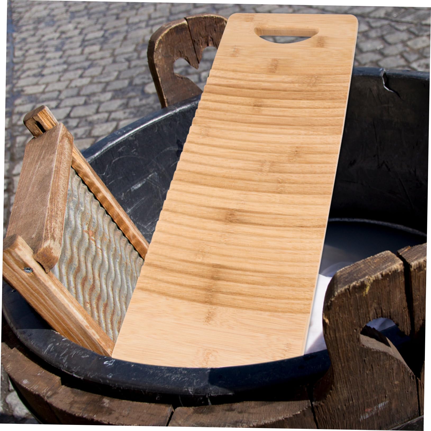 Hölzernes Waschbrett mit Griff, rutschfeste Bambusoberfläche für Handwäsche | Beige, Natürliche Holzkonstruktion, Traditionelles Design, für Waschen von Kleidung zu Hause, mit Integriertem Griff