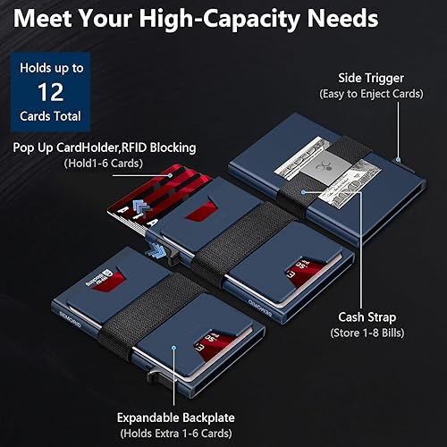Miniatura 15 de Cartera delgada de aluminio para hombre, placa trasera expandible duradera, bloqueo RFID, billetera desplegable de metal minimalista, con capacidad