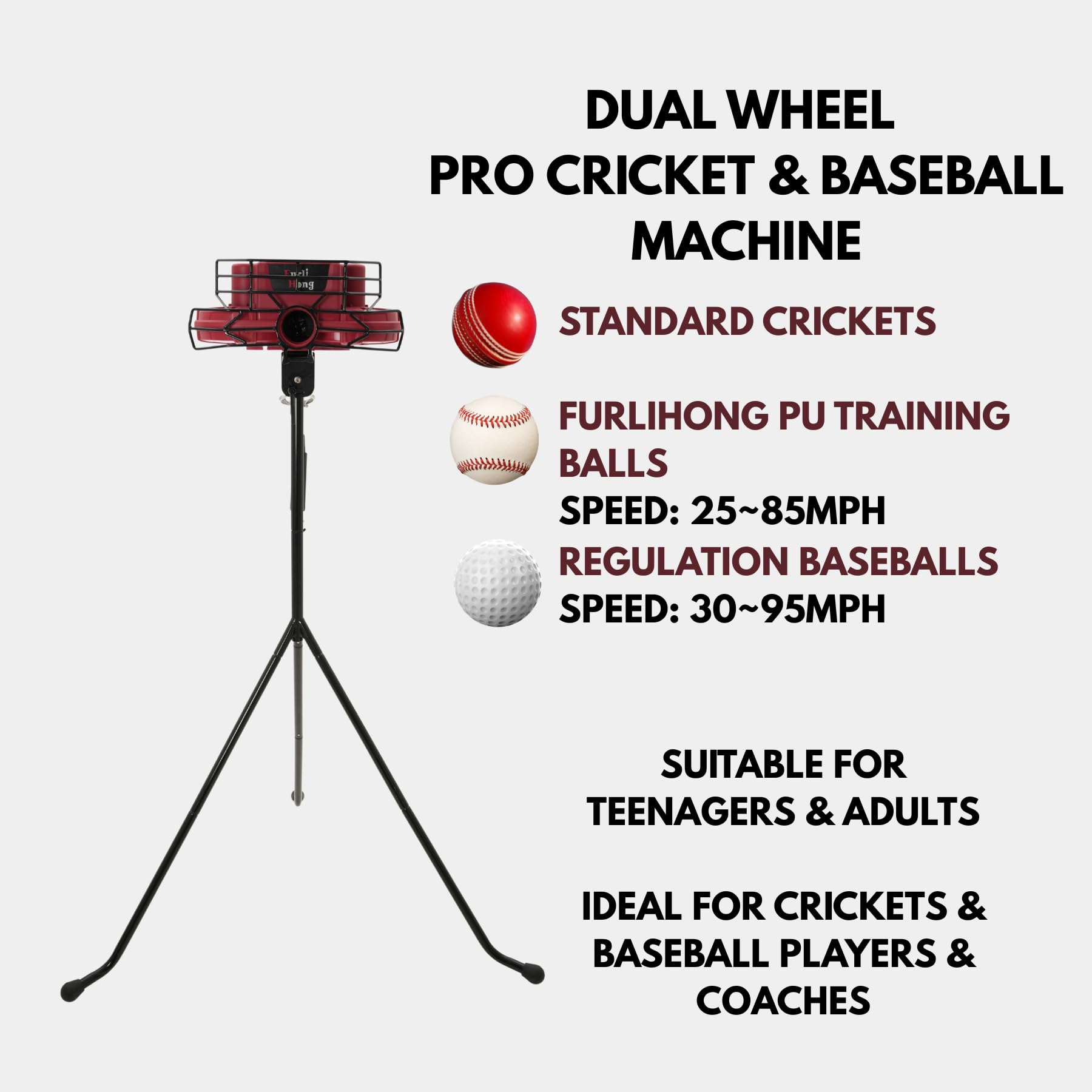 Furlihong 737BHA Lanzadora 2 en 1 para Béisbol y Críquet – Ángulo y Velocidad Ajustables, Ruedas Dobles, 30–95 mph, Lanza Varios Tipos de Pitches, Incluye 3 Pelotas