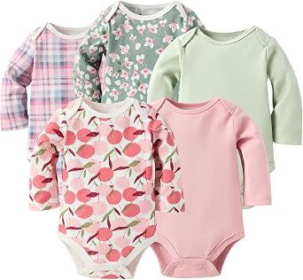 Baby Girls Long-Sleeve Bodysuit,100% Cotton 5 Pack One-Piece Baby Clothes,0-24 Months Soft Baby Girls Rompers