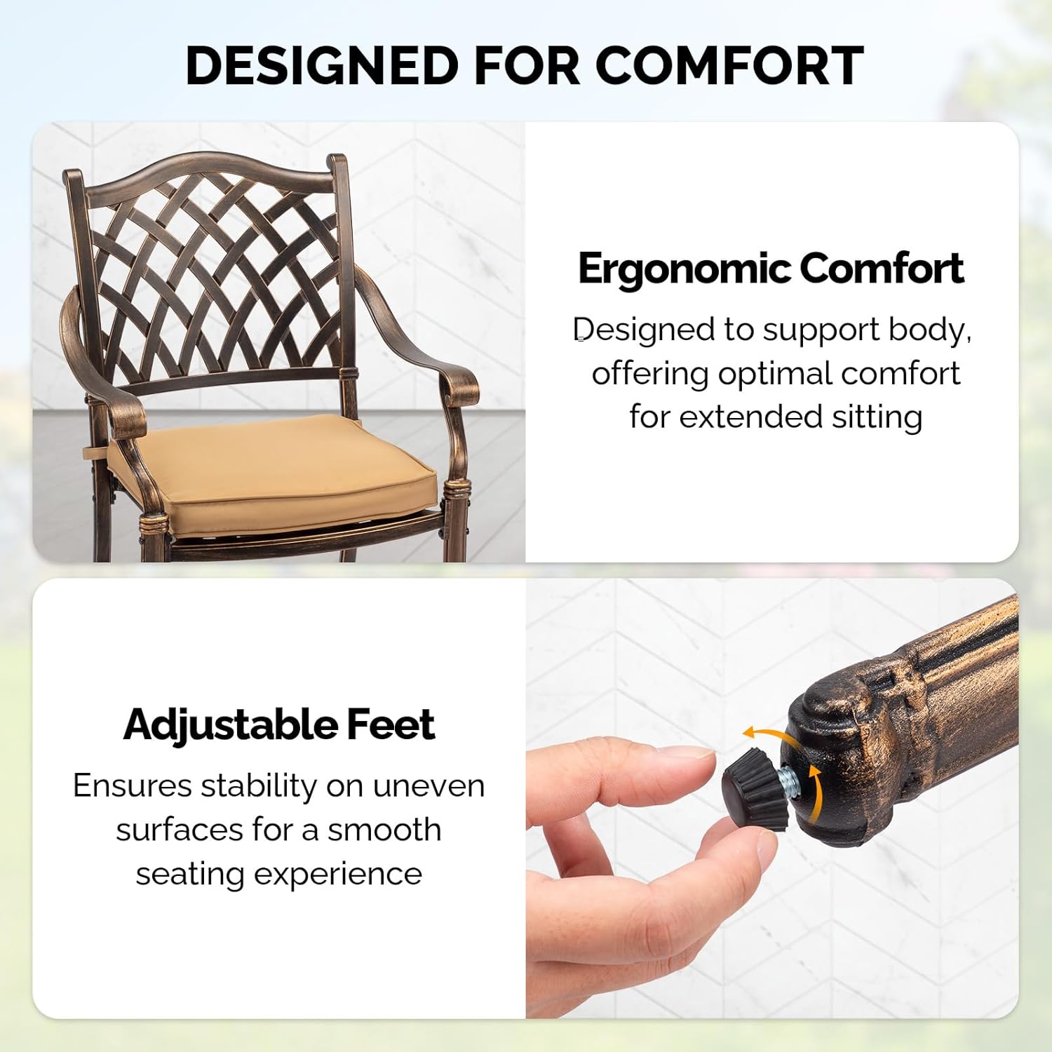 VINGLI Patio Chairs Set of 2 - Stackable Outdoor Cast Aluminum Dining Chairs with Vintage Bronze Finish and Diamond Pattern, Metal Armchairs for Poolside, Backyard, Balcony (with Cushion)
