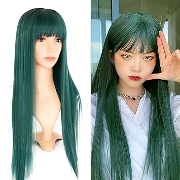 EVYLNN Green Wigs With Bangs Straight Wig For Women Synthetic Fiber Hair Dark Rooted Ombre Green Long Glueless Full Machine Made No Lace Wig