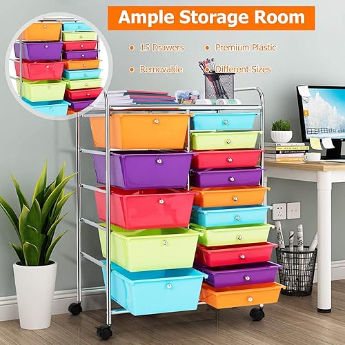 Miniatura 4 de RIVALLYCOOL Carrito de almacenamiento rodante con 15 cajones, organizador de papel móvil para libros, carrito de herramientas con ruedas, ideal para