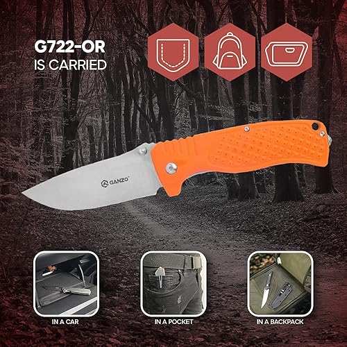 Miniatura 4 de GANZO G722-OR Cuchillo plegable de bolsillo 440C hoja de acero inoxidable mango G10 con clip Camping Pesca Caza Cuchillo EDC (naranja)