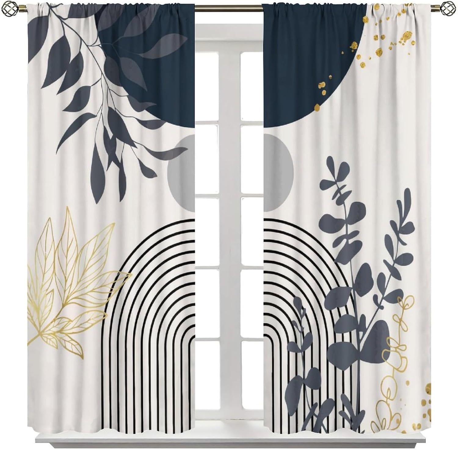 Boho Navy Blue Mid Century Curtain Modern Abstract Gold Leaves Window Treatments for Kitchen Bedroom Living Minimalist Geometric Tropical Neutral Arch Sun Drapes W55xL63in
