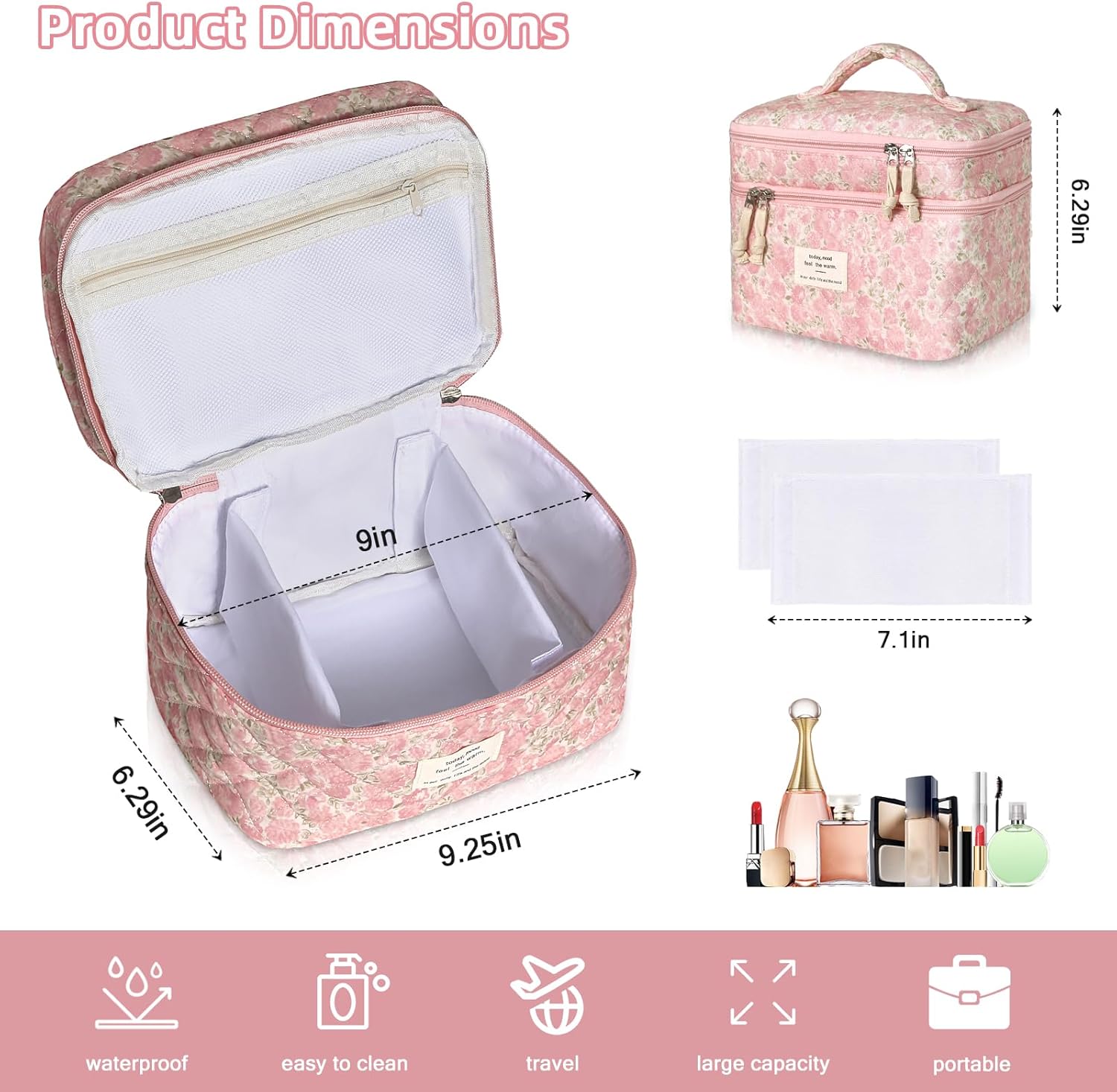 Gosect Makeup Bag, Portable Travel Make up Bag, Large Capacity Quilted Cosmetic Organizer Bag, Cute Floral Toiletry Bag for Women Girls (Pink Floral)