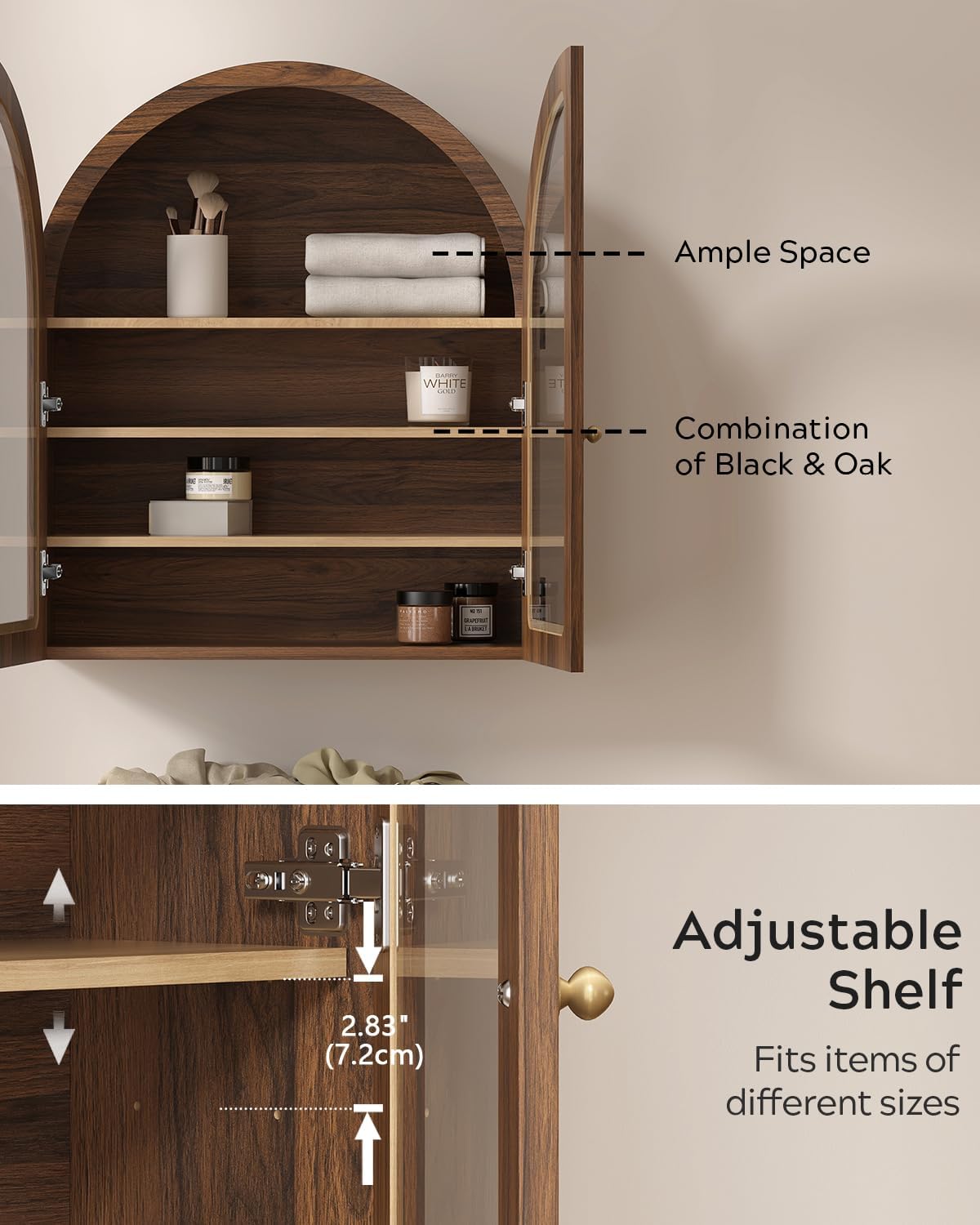 Arched Wall Cabinet, Large Wood Bathroom Medicine Cabinet Wall Mounted Cupboard, Modern Floating Storage Cabinet with Acrylic Door Adjustable Shelf, Wood Organizer (Brown-Oak)