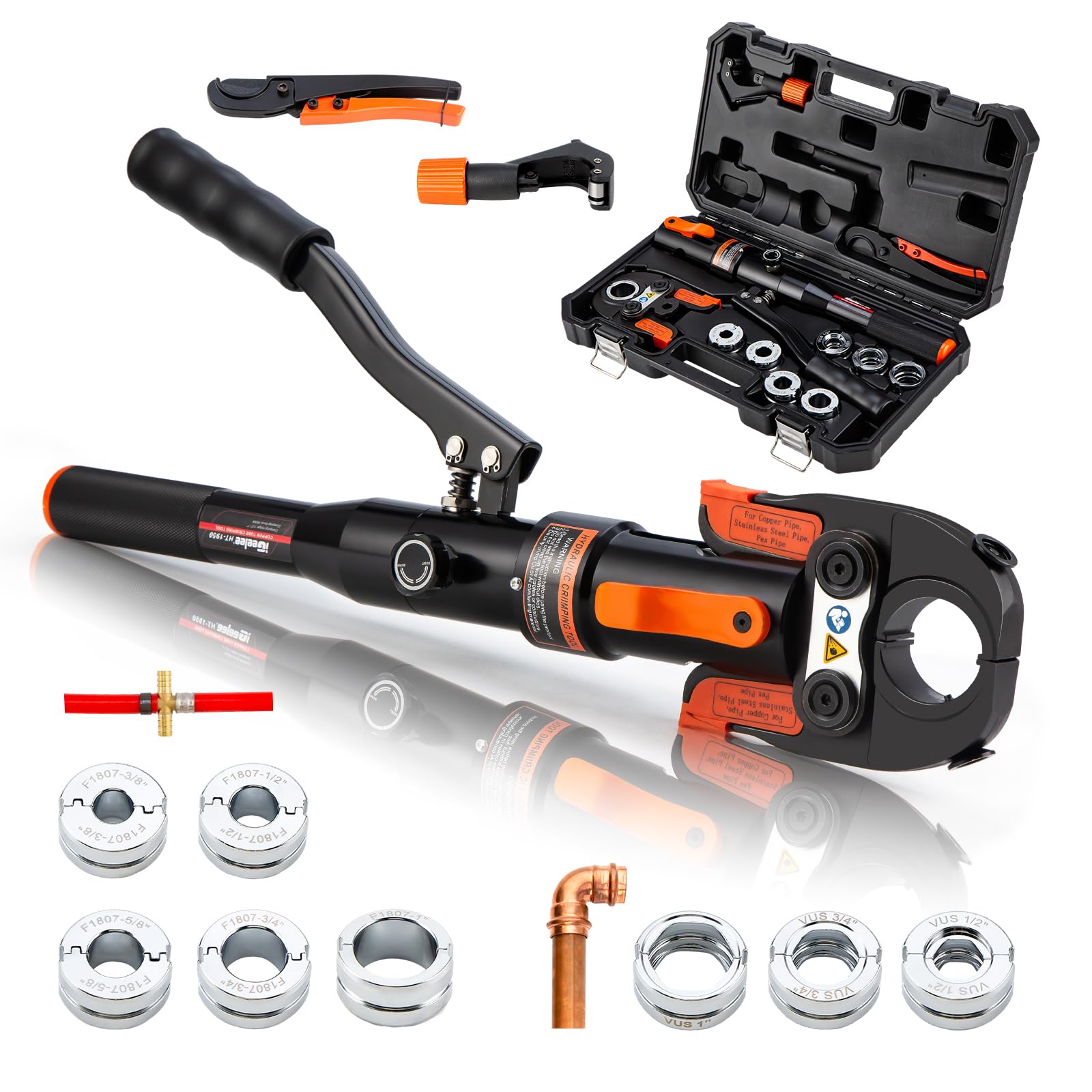 Hydraulic Copper Press Tool, Pex Crimping Tool with 1/2", 3/4", 1" Dies for Copper Pipe Fitting & 3/8"-1" Dies for ASTM F1807 Pex Copper Rings, Heavy Duty HT-1950E